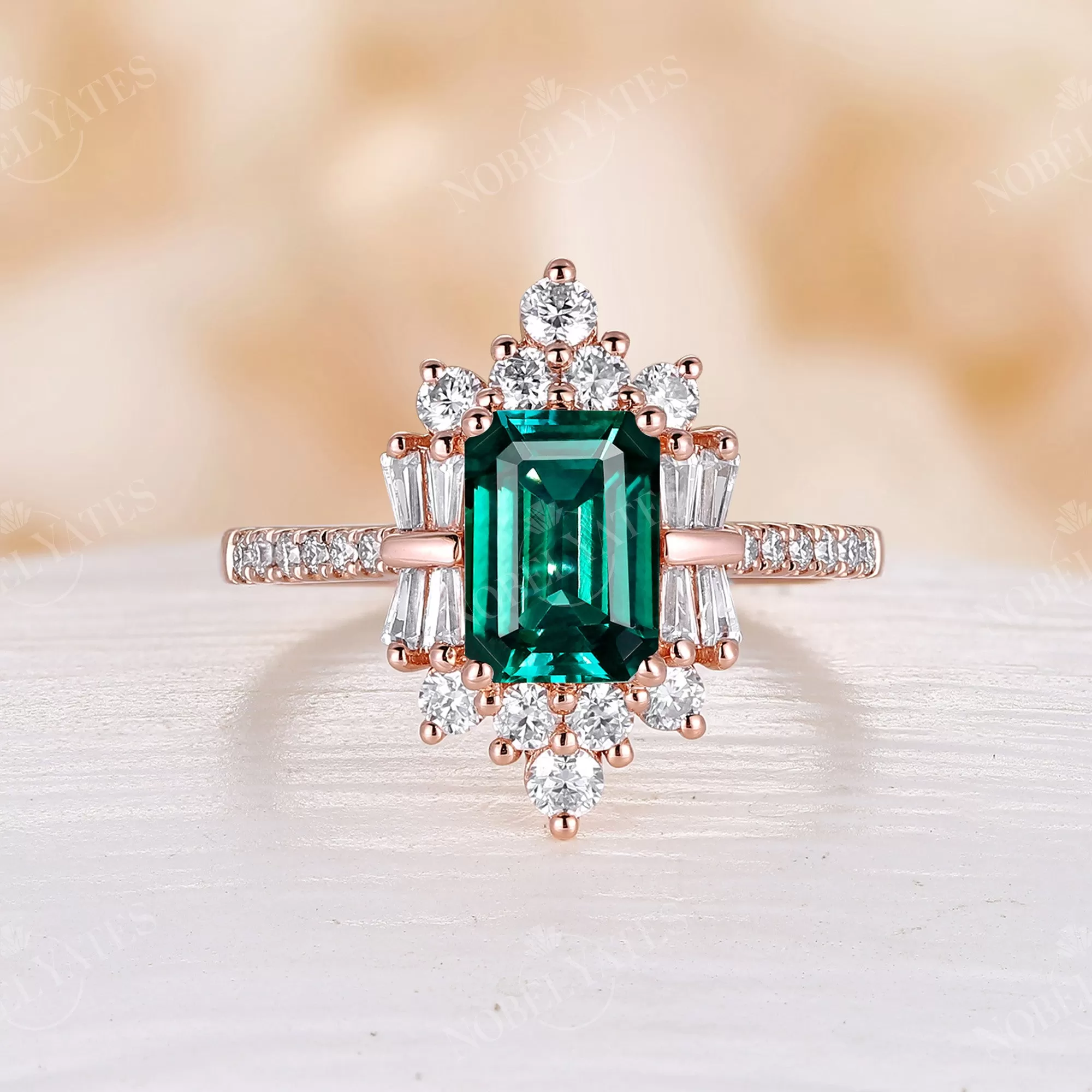 Lab Emerald Art Deco Pave & Cluster Engagement Ring Rose Gold