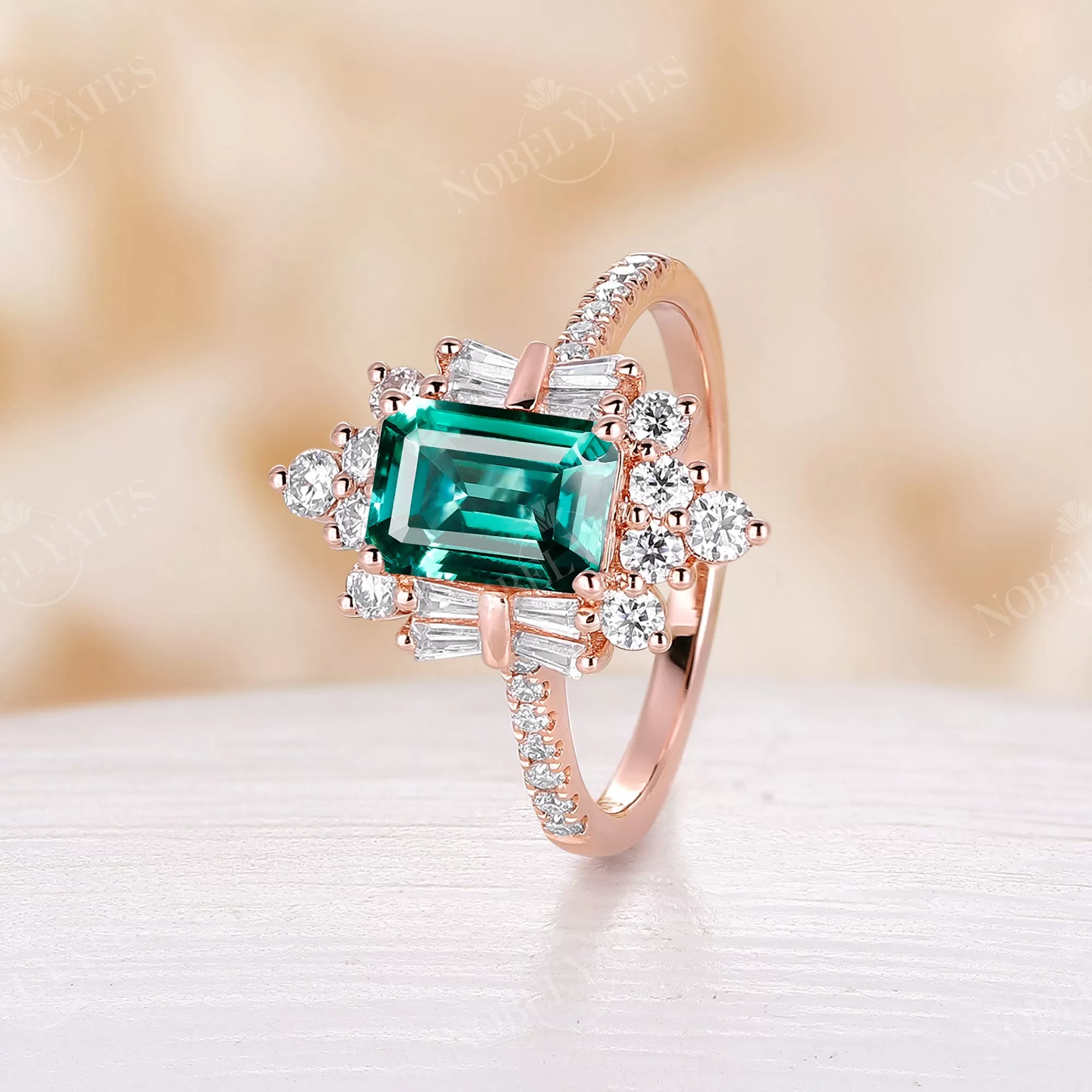 Lab Emerald Art Deco Pave & Cluster Engagement Ring Rose Gold