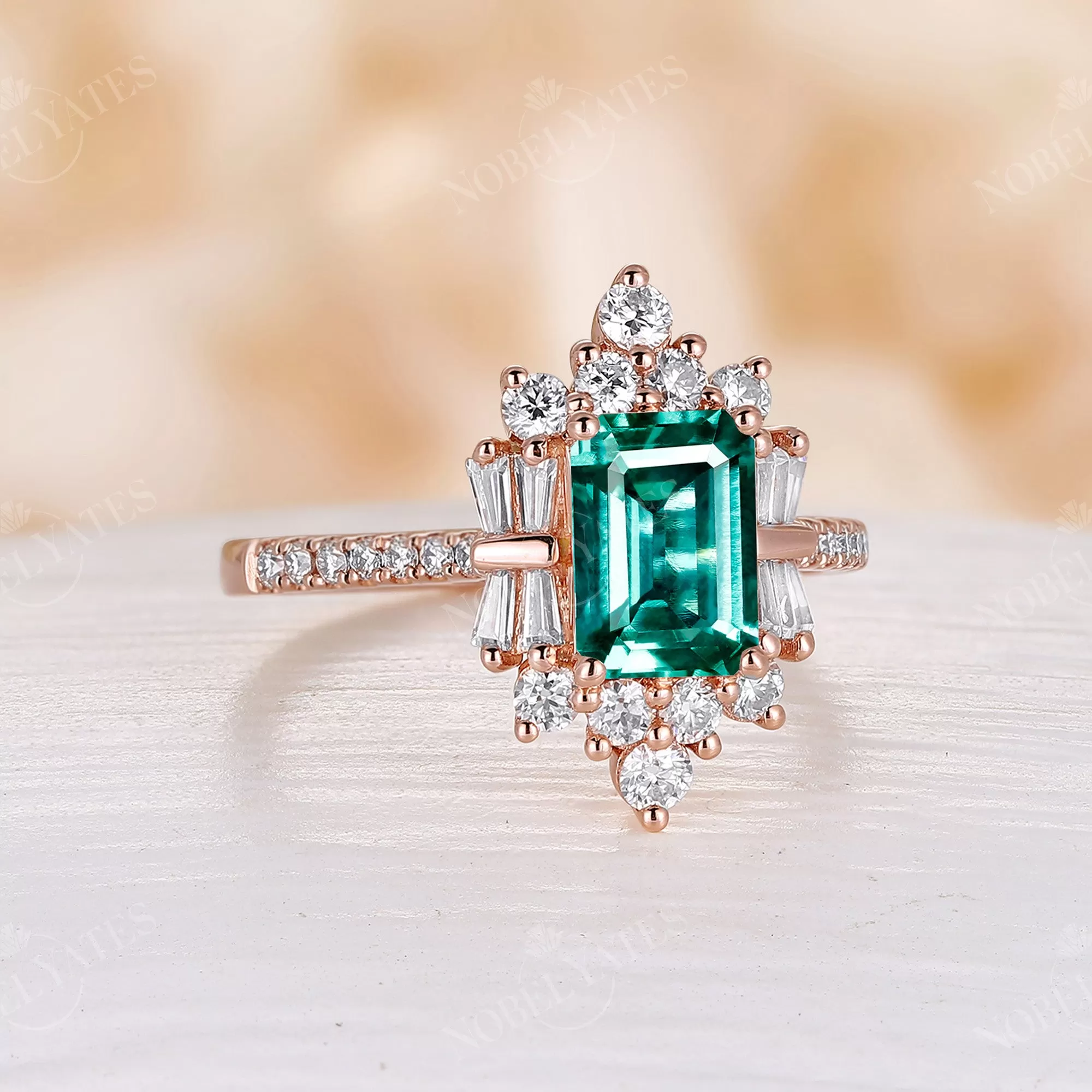 Lab Emerald Art Deco Pave & Cluster Engagement Ring Rose Gold