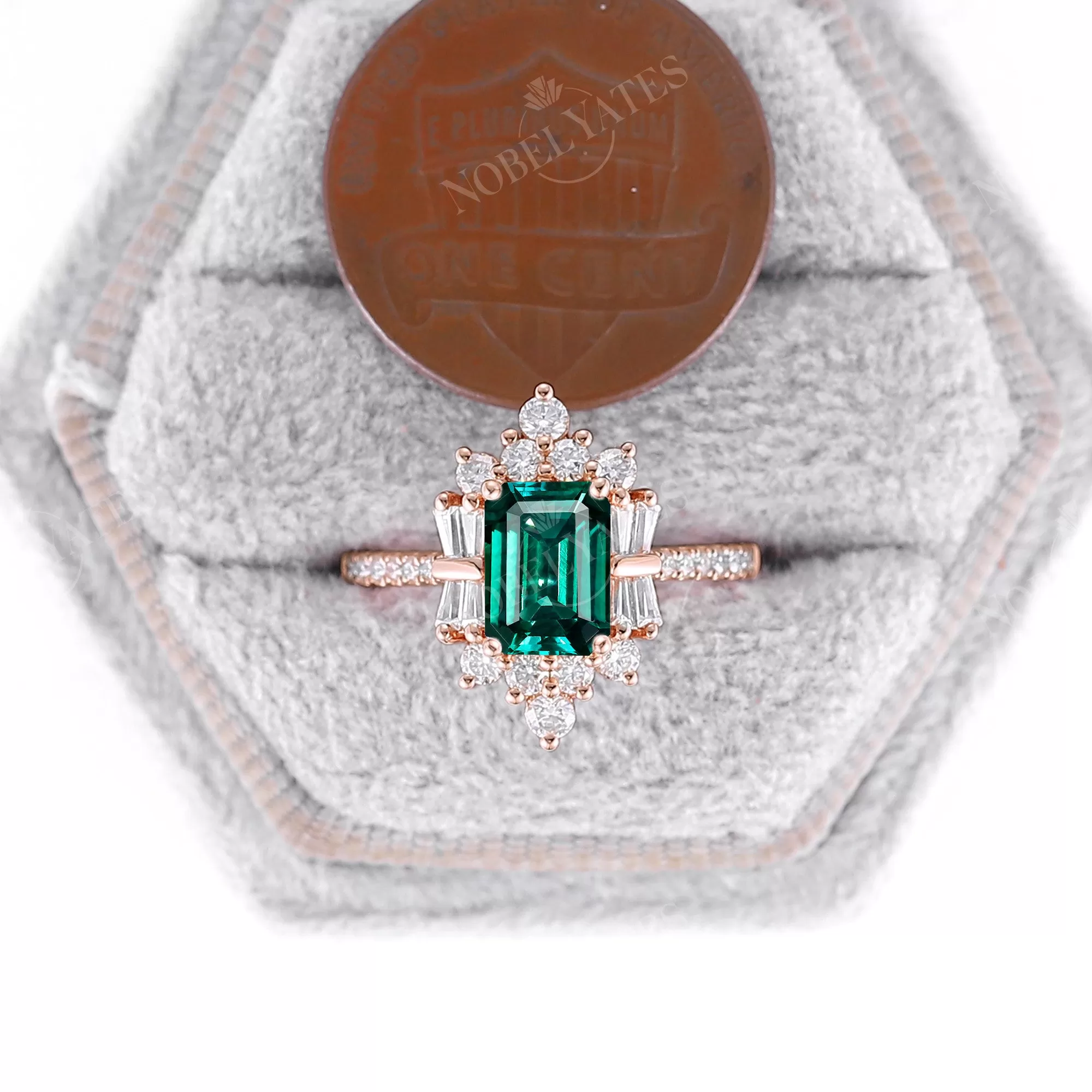 Lab Emerald Art Deco Pave & Cluster Engagement Ring Rose Gold