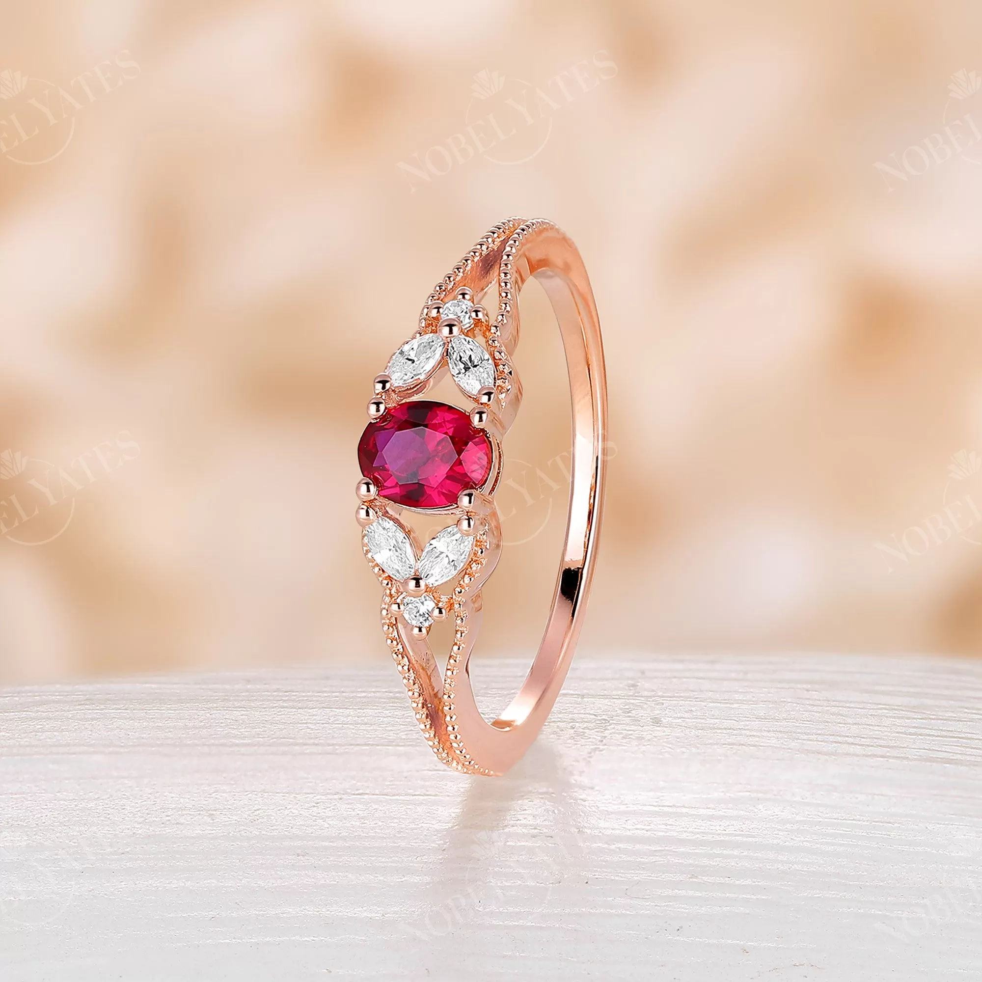 Lab Ruby Milgrain Side Stones Vintage Engagement Ring Rose Gold