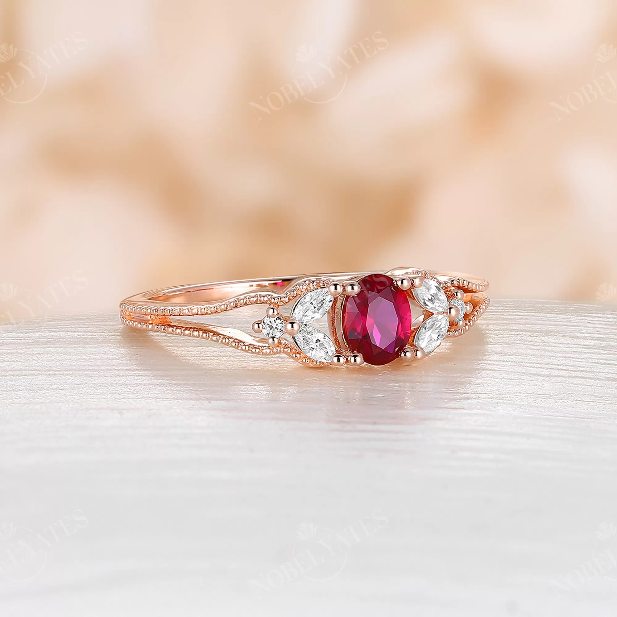 Lab Ruby Milgrain Side Stones Vintage Engagement Ring Rose Gold