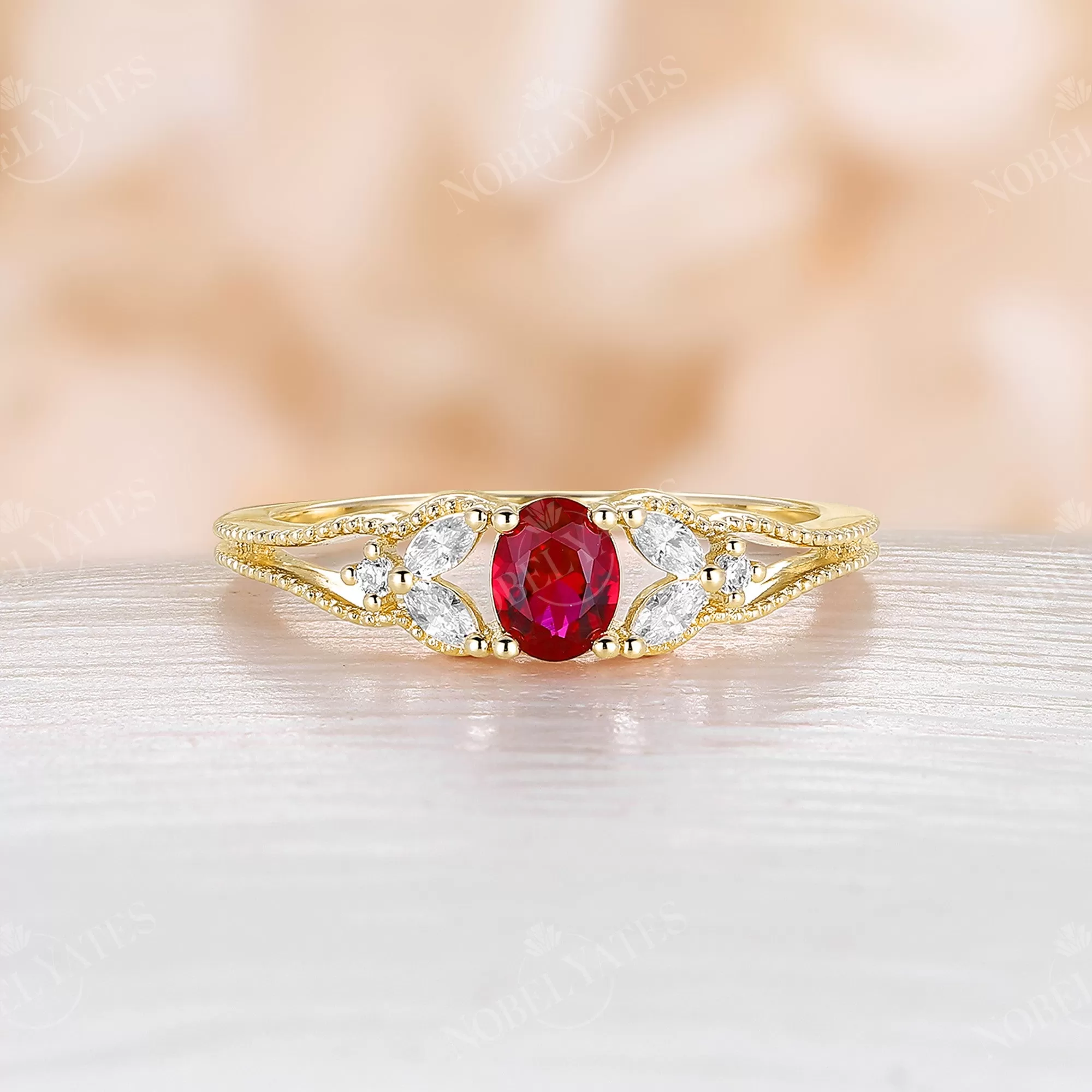 Lab Ruby Milgrain Side Stones Vintage Engagement Ring Rose Gold