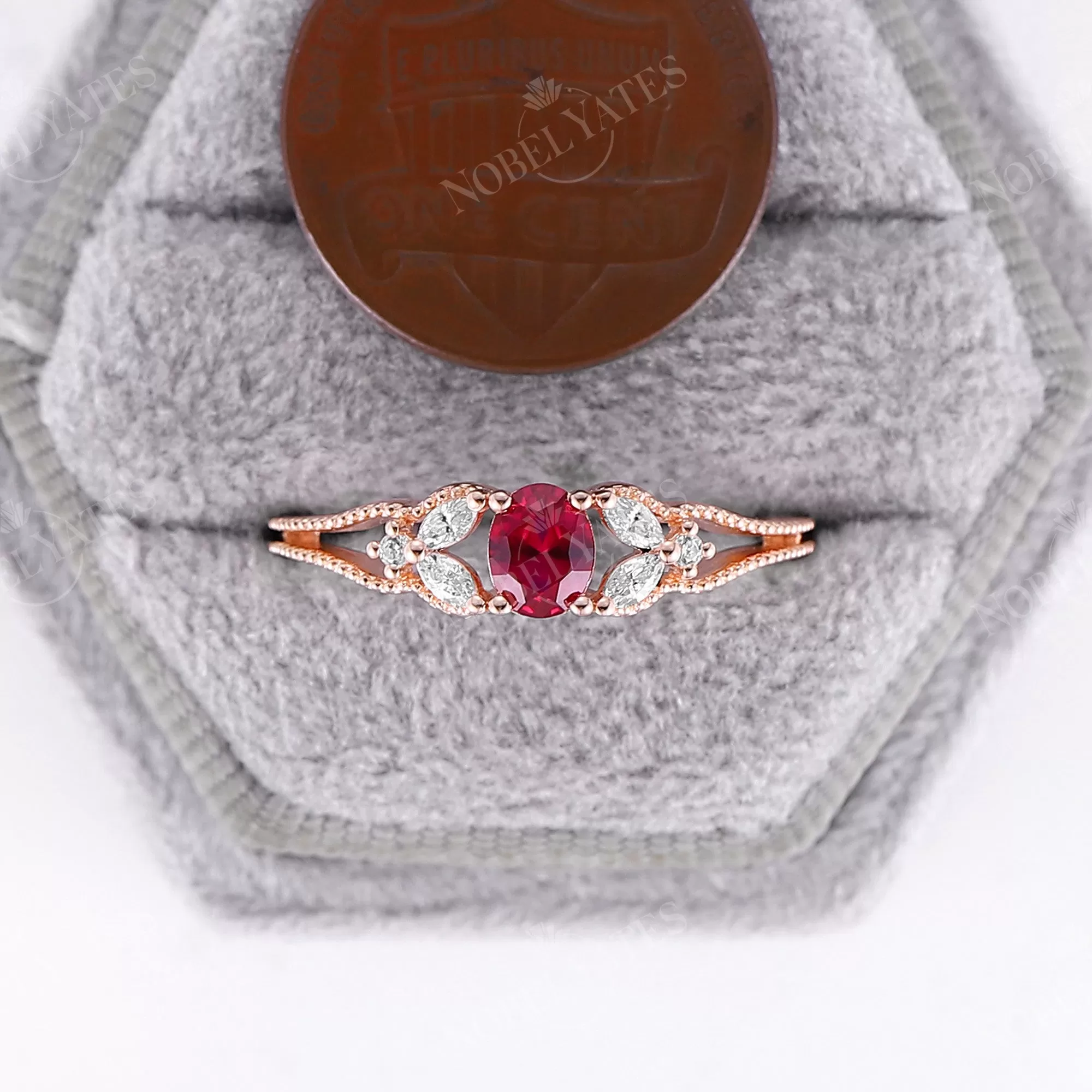 Lab Ruby Milgrain Side Stones Vintage Engagement Ring Rose Gold