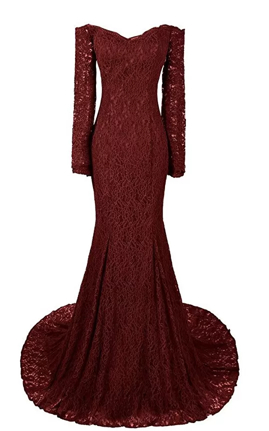 Long Mermaid Sweetheart Long Sleeve Burgundy Evening Dresses Lace Prom Dresses