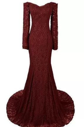 Long Mermaid Sweetheart Long Sleeve Burgundy Evening Dresses Lace Prom Dresses