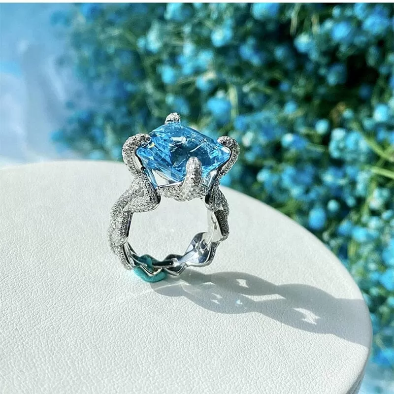 Luxury Blue Big Square Topaz Designer Ring