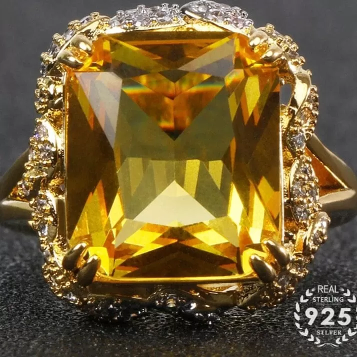 Luxury Charm Square Shaped Citrine Gemstone Ring - 925 Sterling Silver