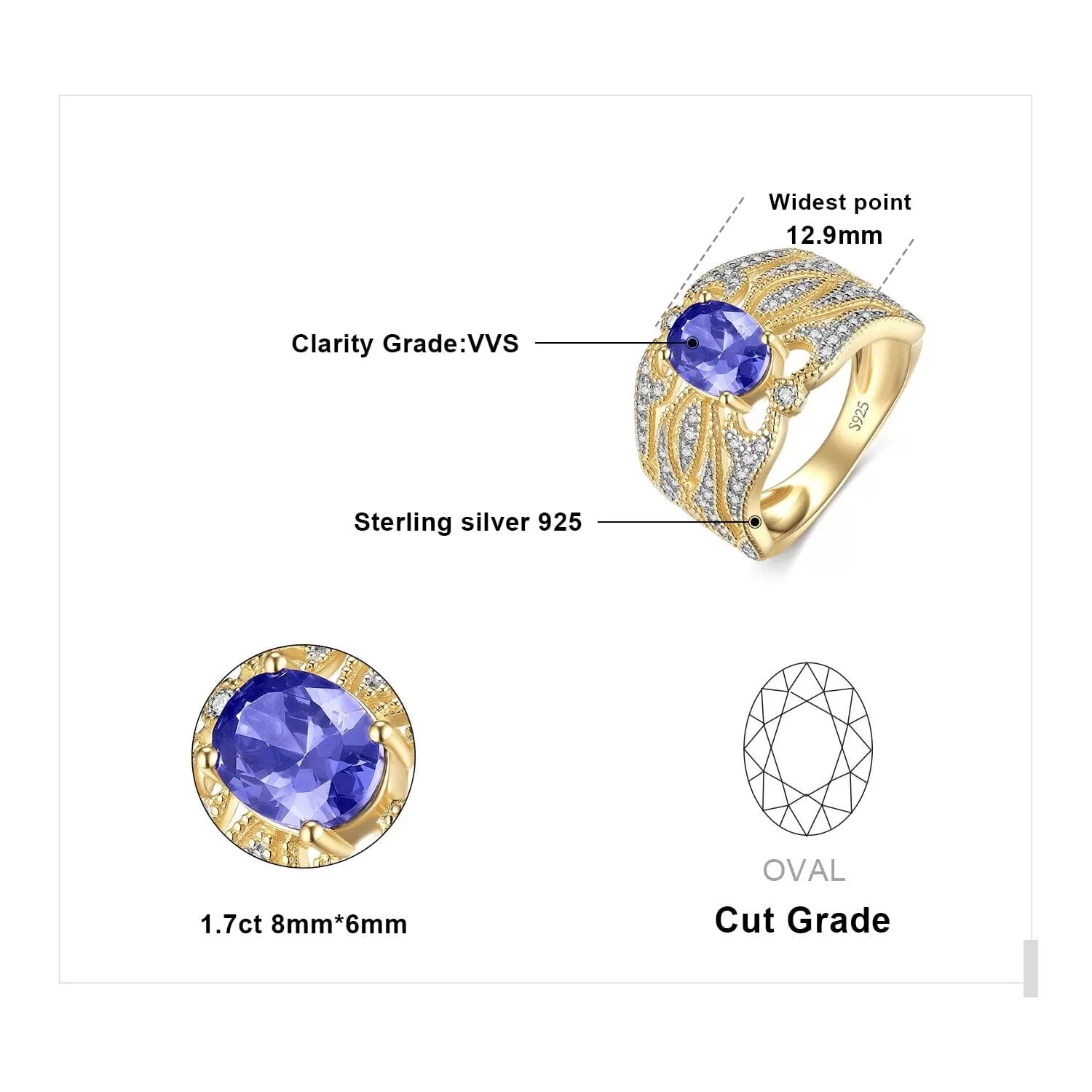 Luxury Engagement Sapphire Gold Ring - 925 Sterling Silver