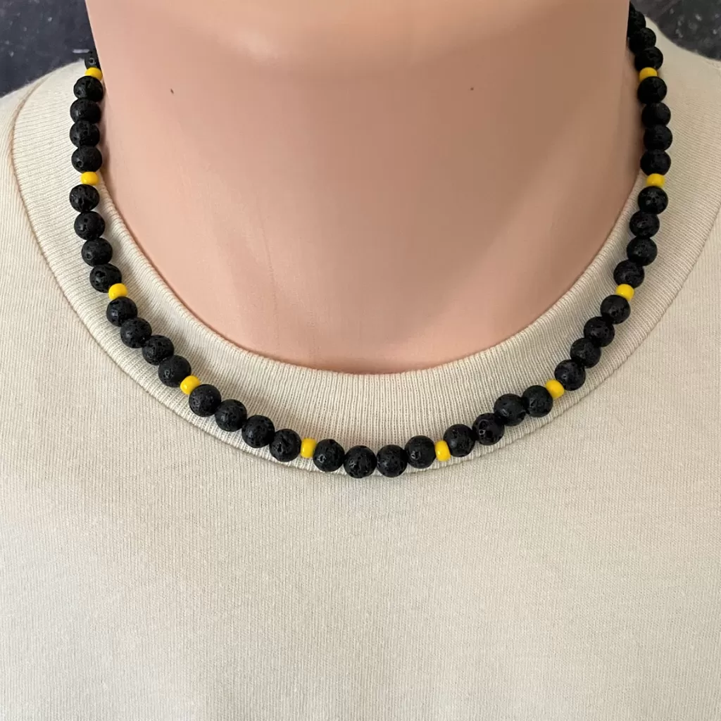 Mens Black Lava and Yellow Toho Beaded Necklace