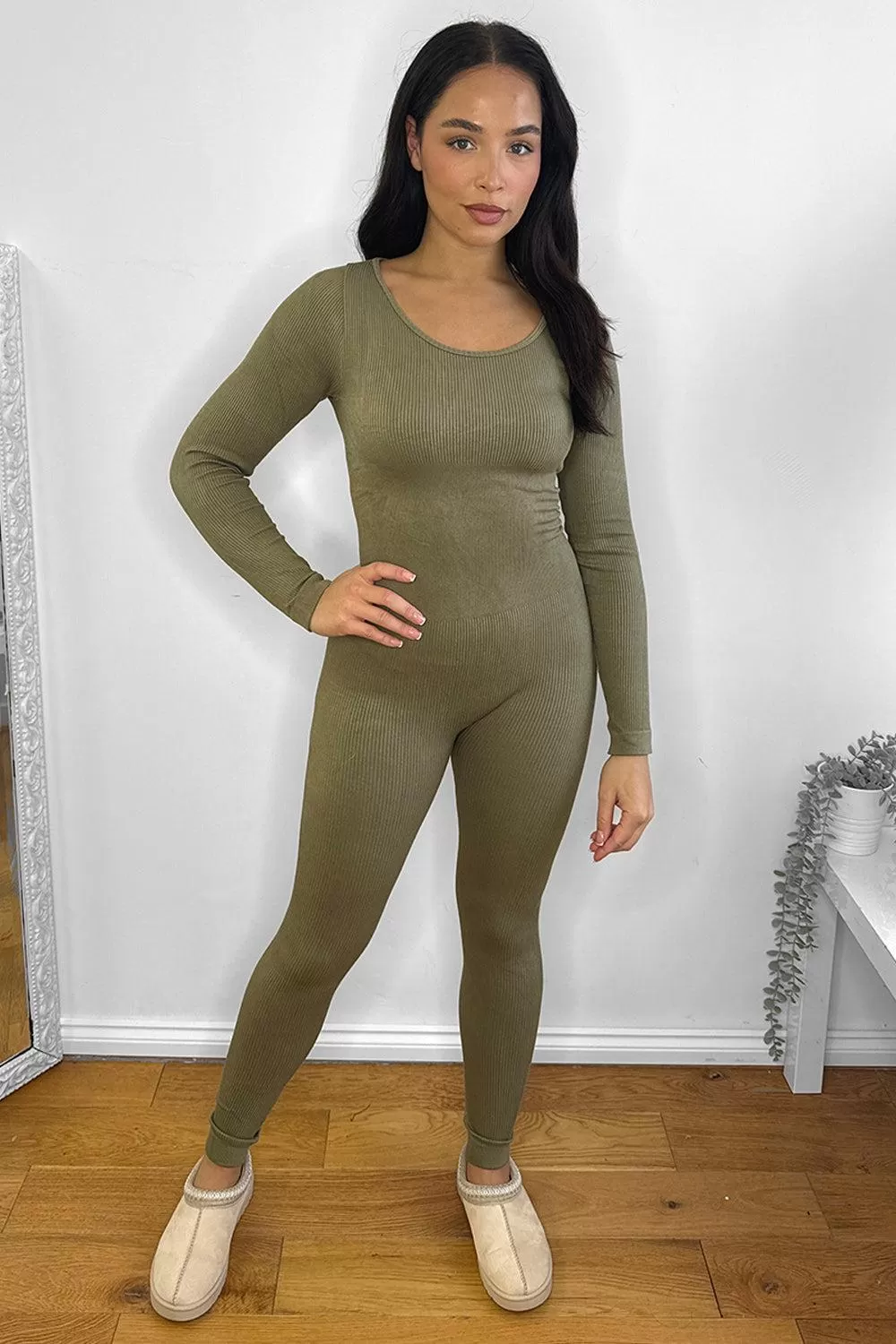 Mini Rib Stretch Fabric Scoop Neck Onesie Jumpsuit