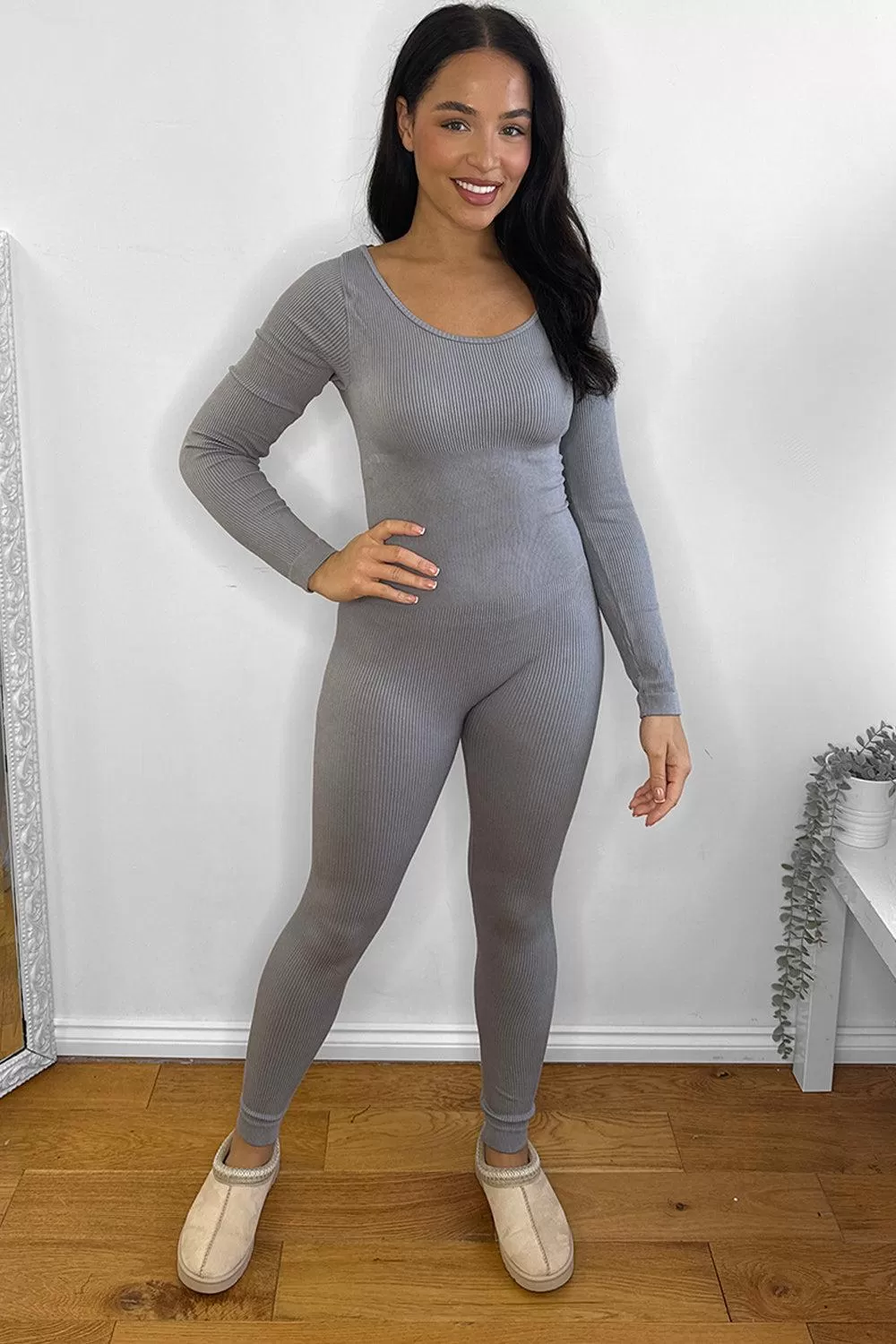 Mini Rib Stretch Fabric Scoop Neck Onesie Jumpsuit