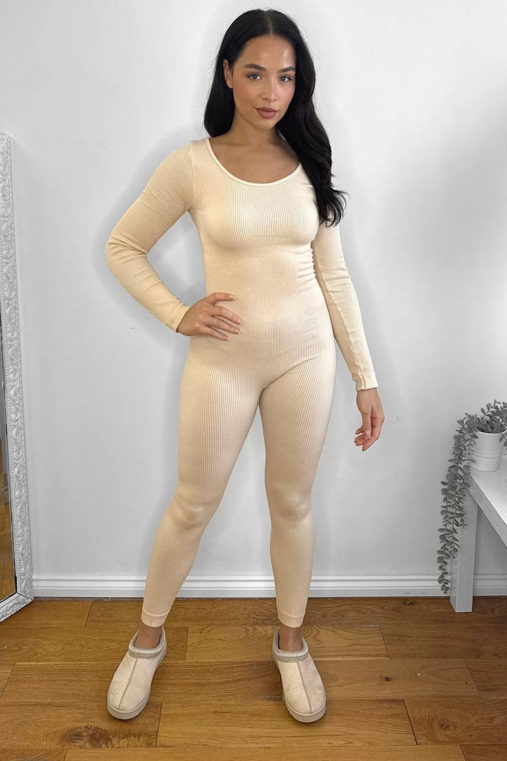 Mini Rib Stretch Fabric Scoop Neck Onesie Jumpsuit