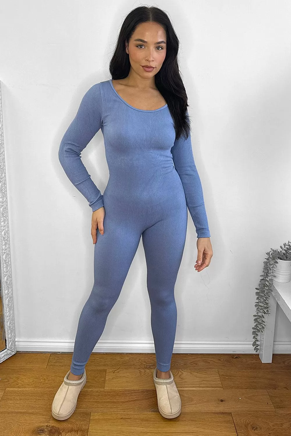 Mini Rib Stretch Fabric Scoop Neck Onesie Jumpsuit