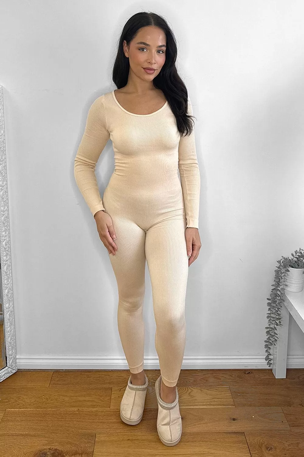 Mini Rib Stretch Fabric Scoop Neck Onesie Jumpsuit