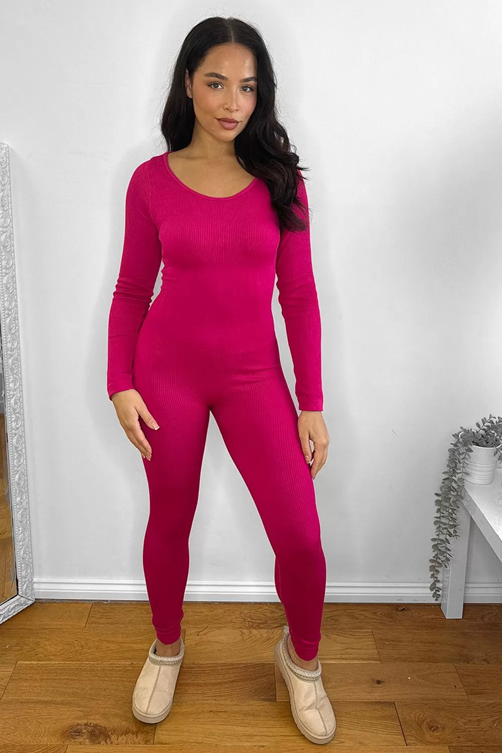 Mini Rib Stretch Fabric Scoop Neck Onesie Jumpsuit