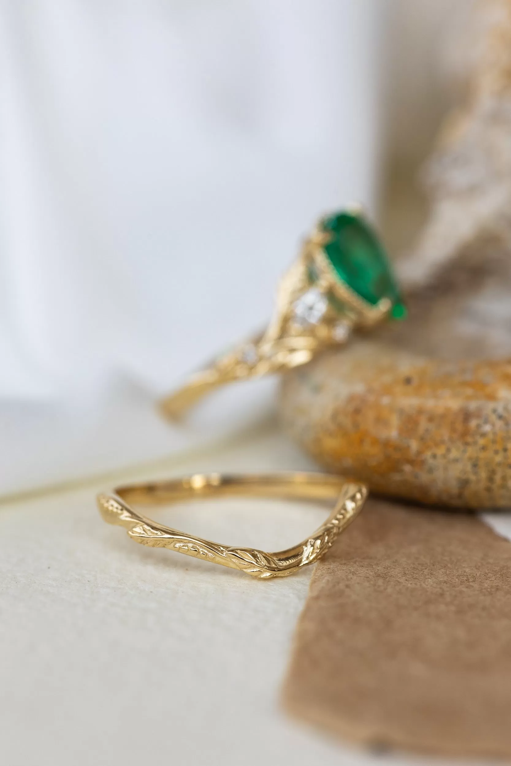 Natural emerald bridal ring set, gold leaves stacking rings with diamonds / Patricia