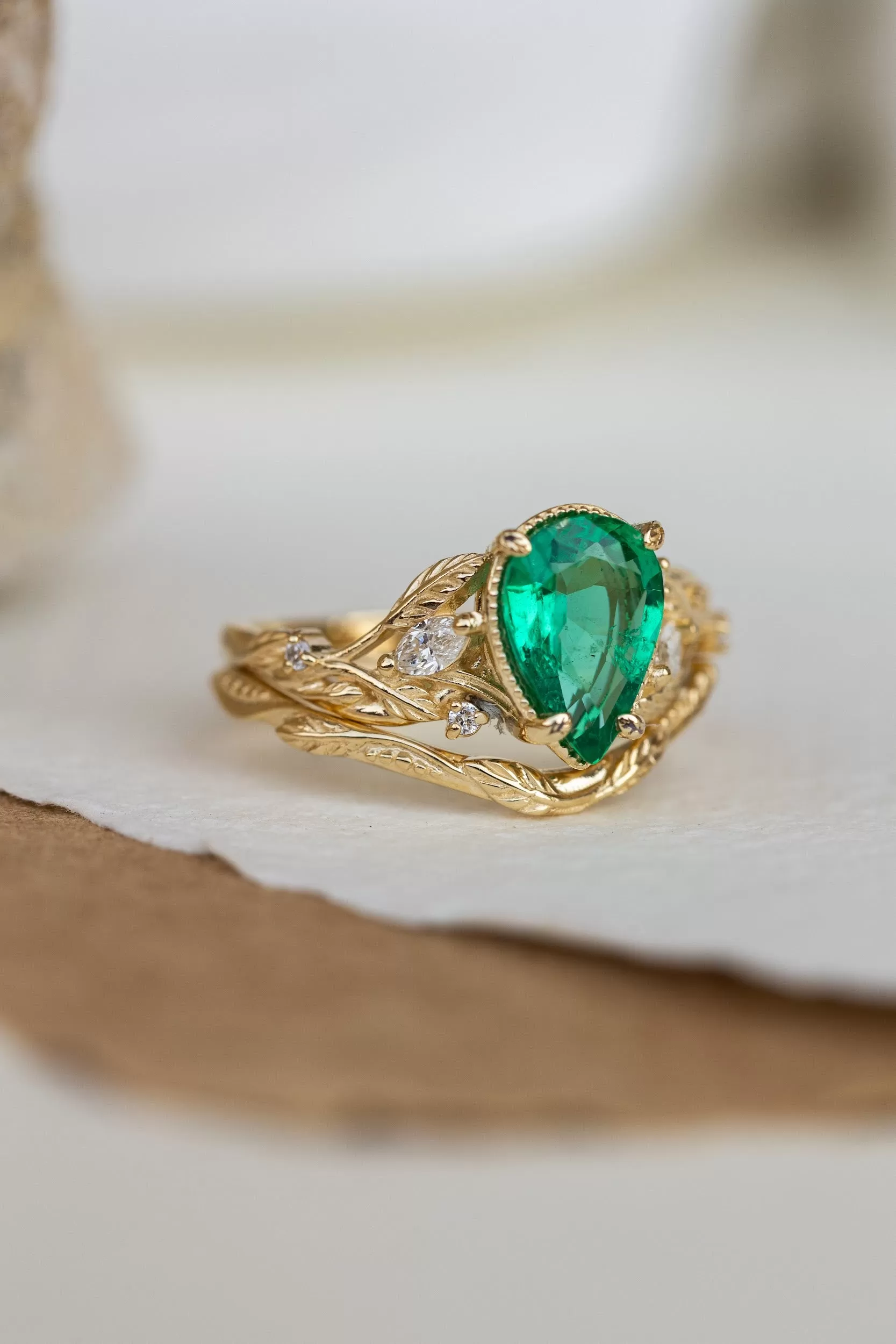 Natural emerald bridal ring set, gold leaves stacking rings with diamonds / Patricia