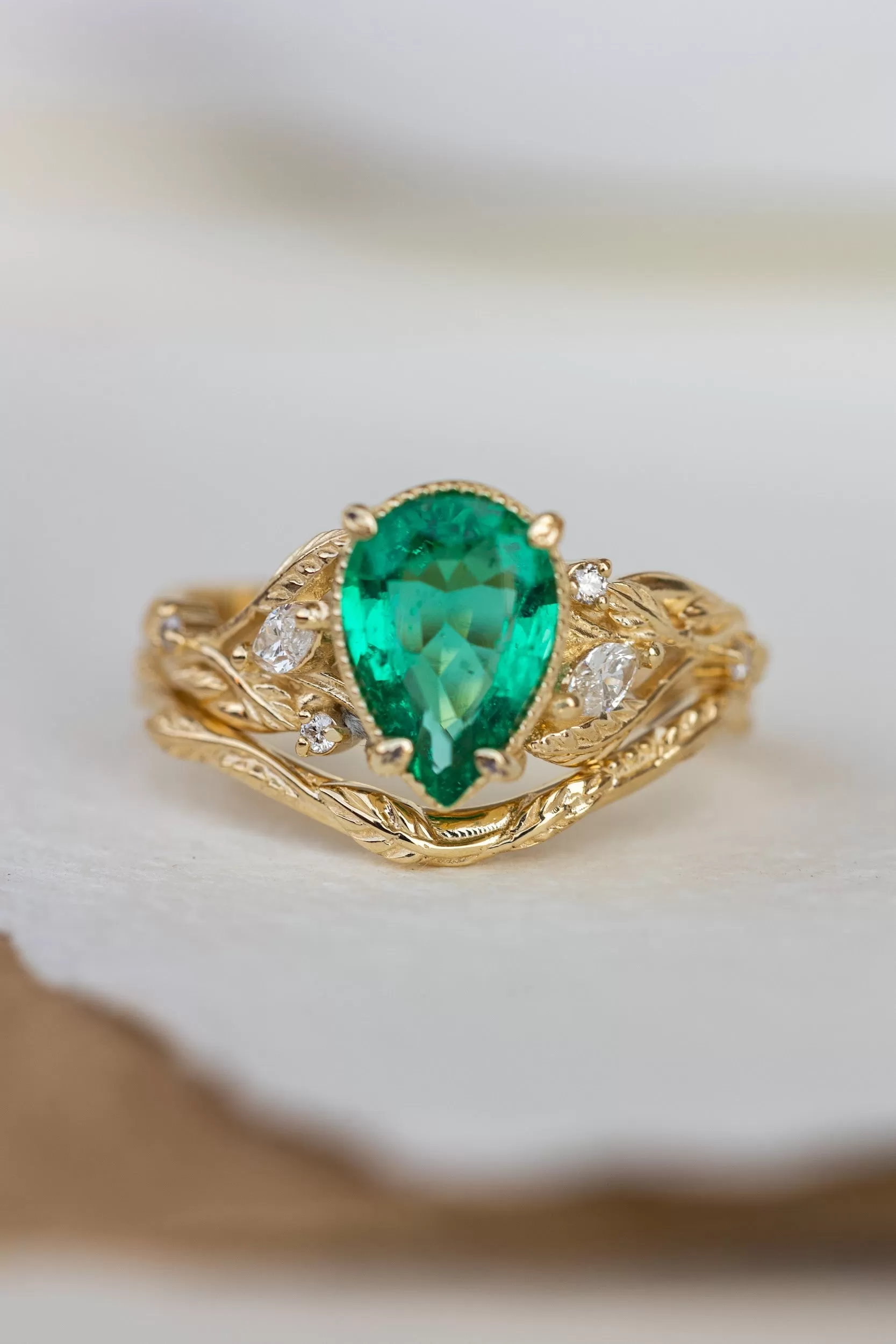 Natural emerald bridal ring set, gold leaves stacking rings with diamonds / Patricia