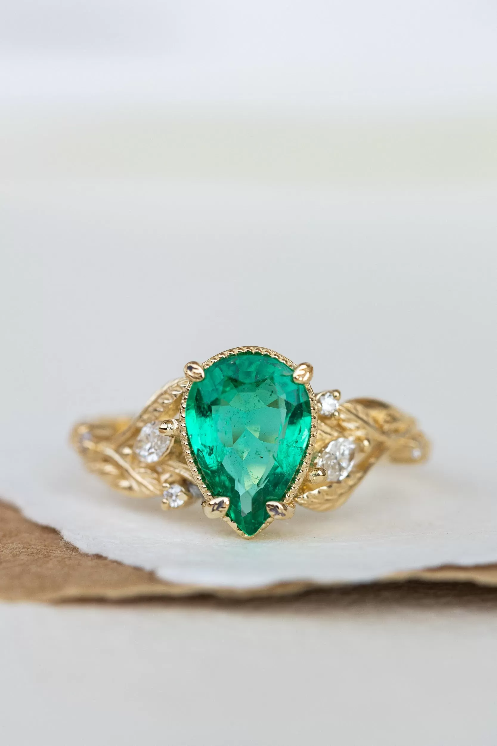 Natural emerald bridal ring set, gold leaves stacking rings with diamonds / Patricia