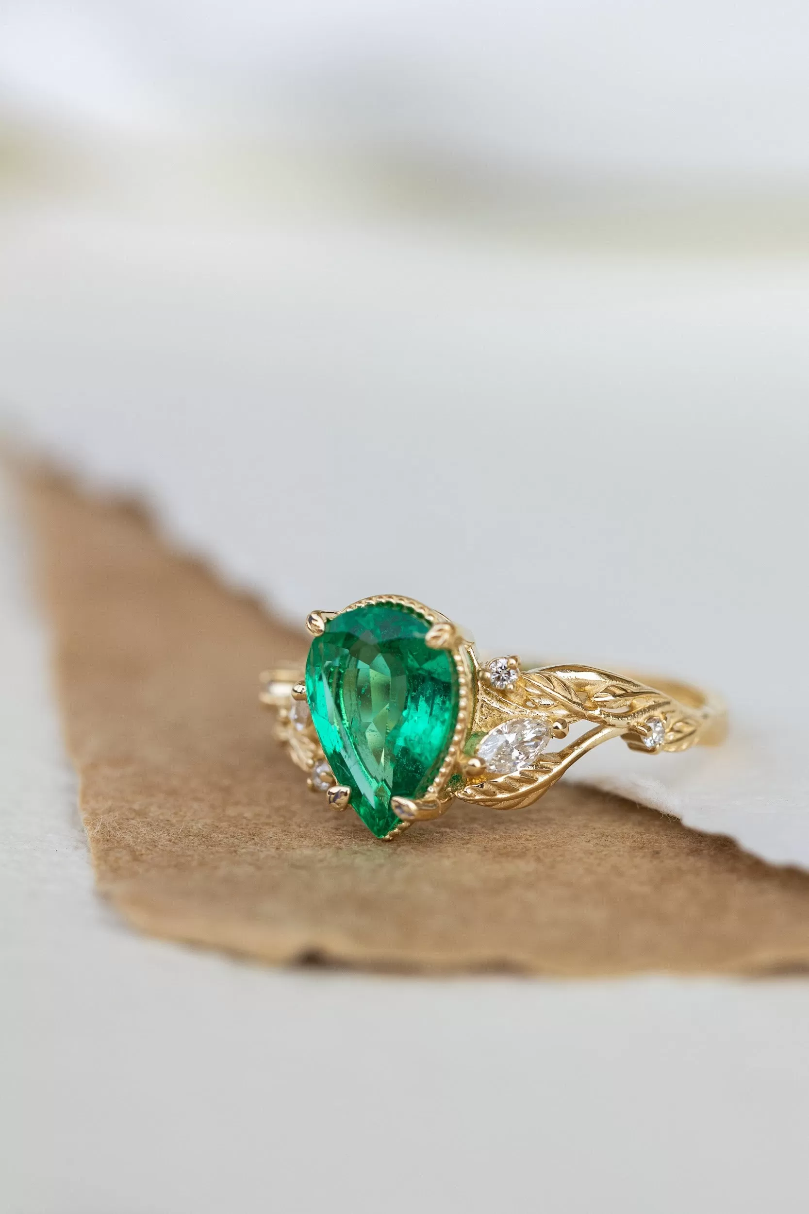 Natural emerald bridal ring set, gold leaves stacking rings with diamonds / Patricia