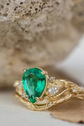 Natural emerald bridal ring set, gold leaves stacking rings with diamonds / Patricia