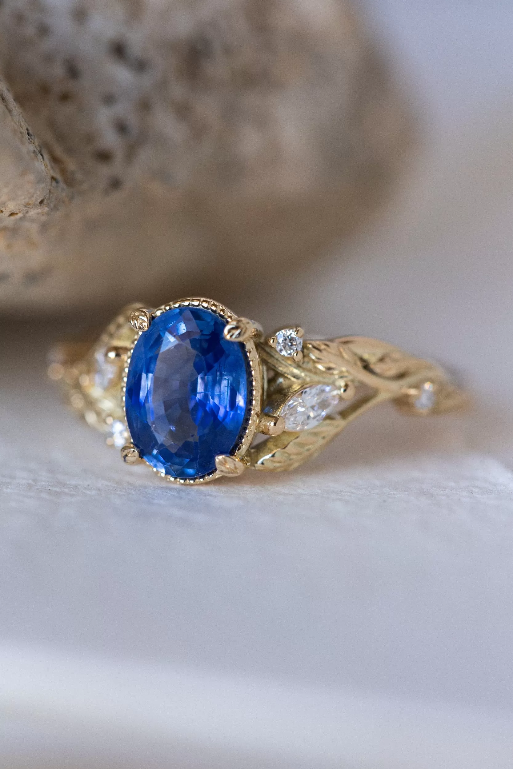 Natural oval blue sapphire engagement ring, gold nature inspired ring with accent diamonds / Patricia