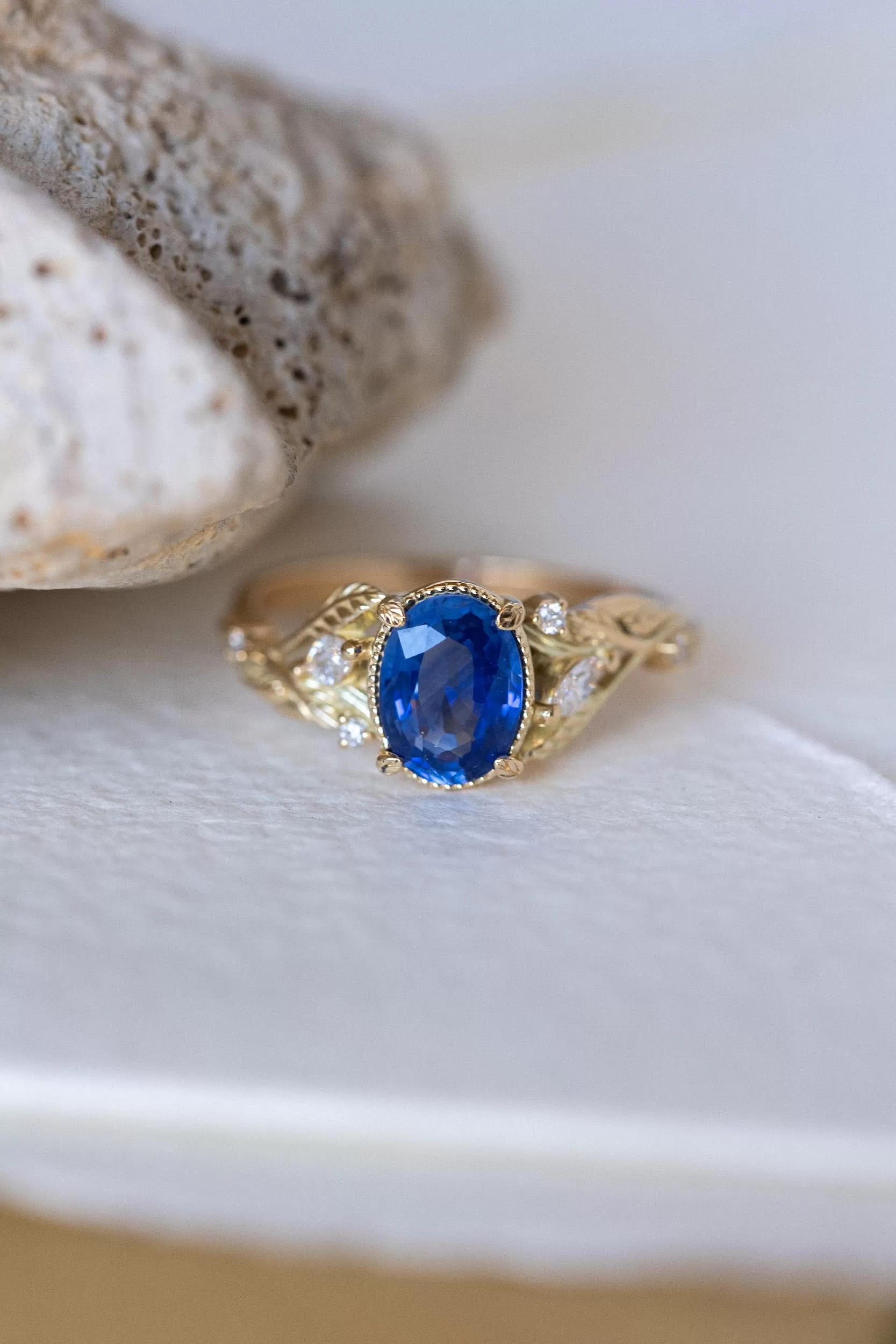 Natural oval blue sapphire engagement ring, gold nature inspired ring with accent diamonds / Patricia