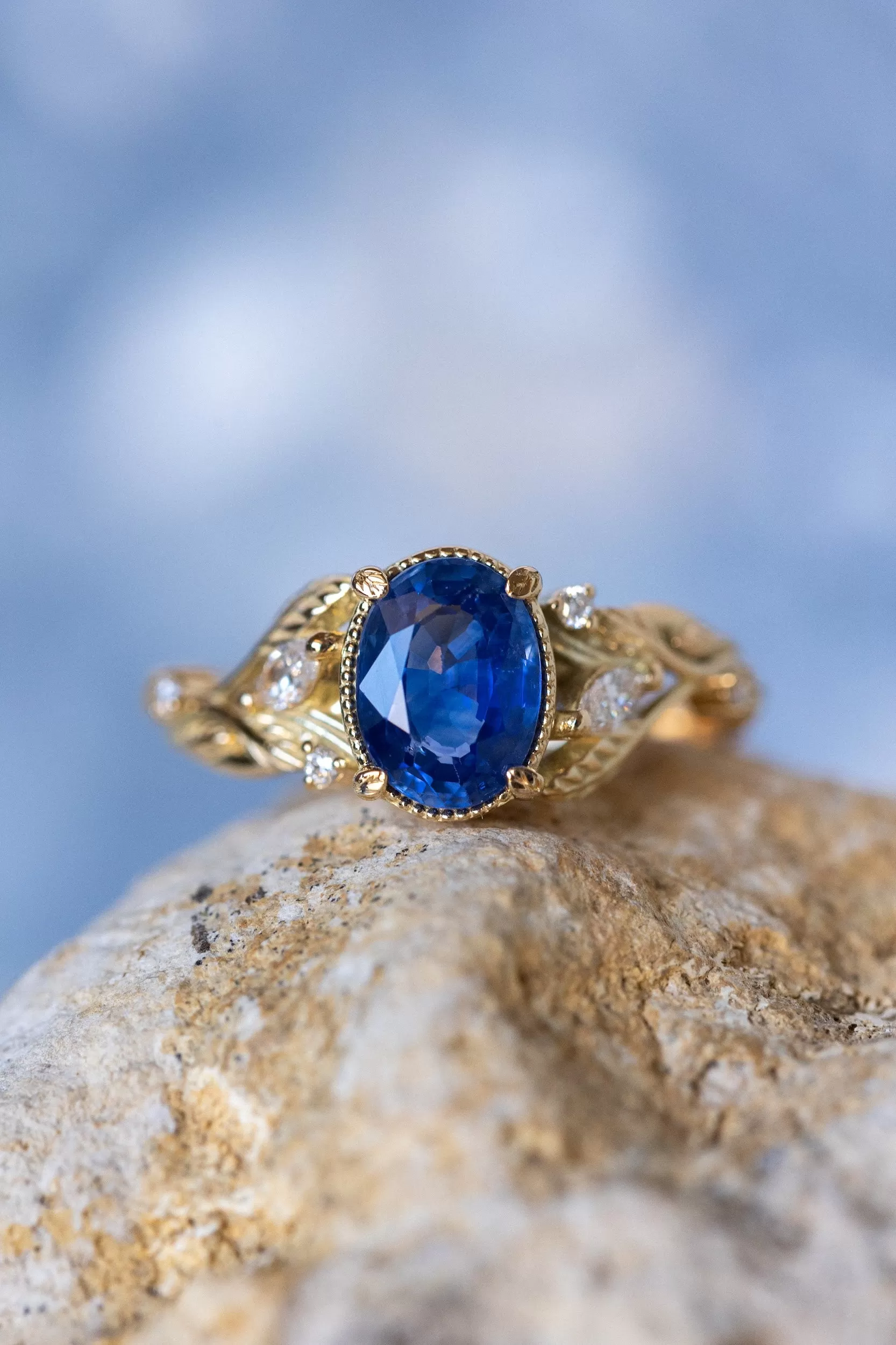 Natural oval blue sapphire engagement ring, gold nature inspired ring with accent diamonds / Patricia