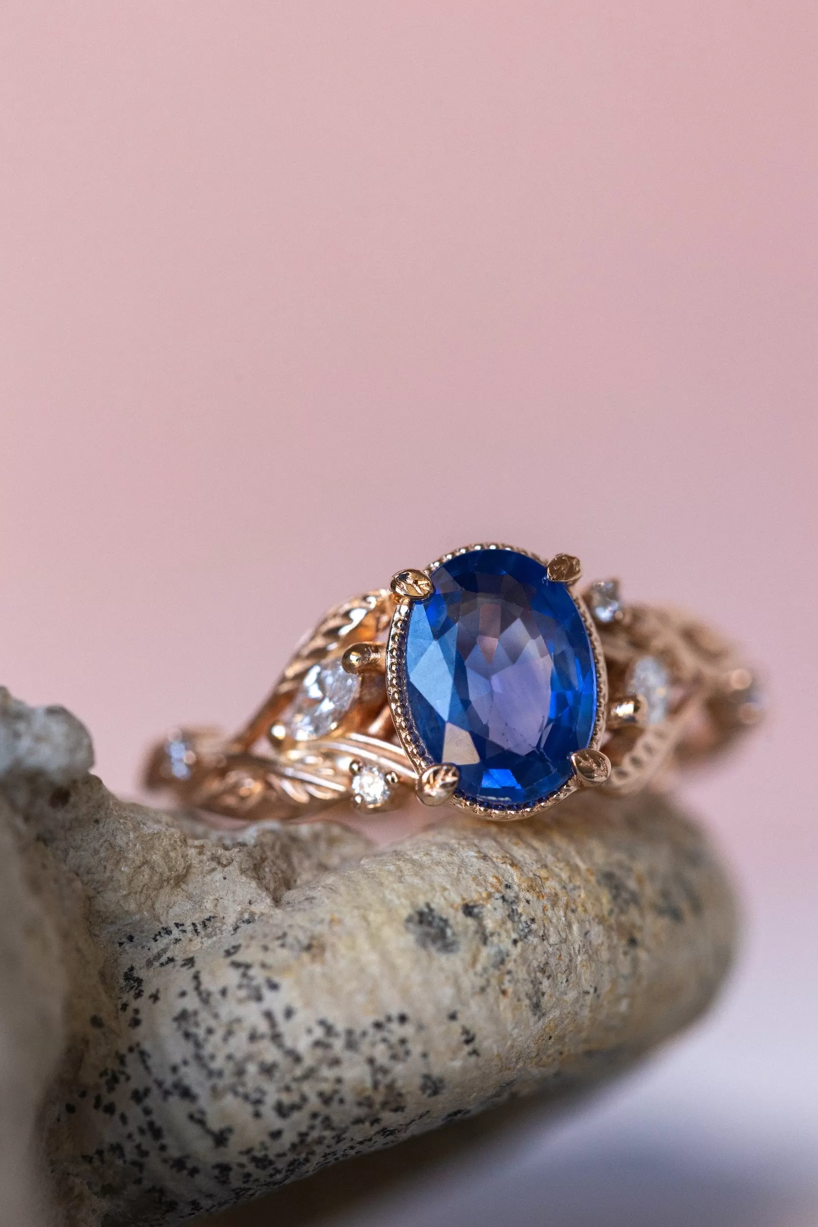 Natural oval blue sapphire engagement ring, gold nature inspired ring with accent diamonds / Patricia