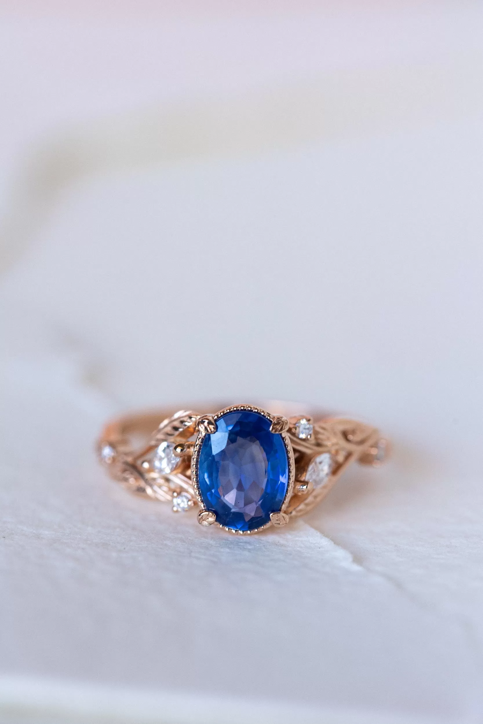 Natural oval blue sapphire engagement ring, gold nature inspired ring with accent diamonds / Patricia