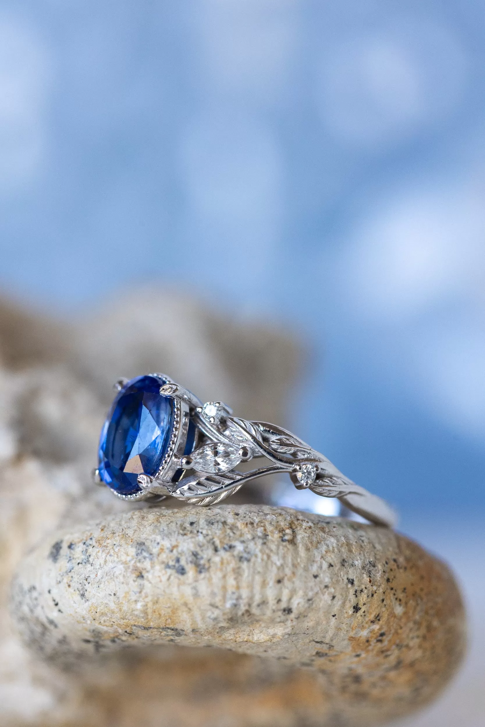 Natural oval blue sapphire engagement ring, gold nature inspired ring with accent diamonds / Patricia