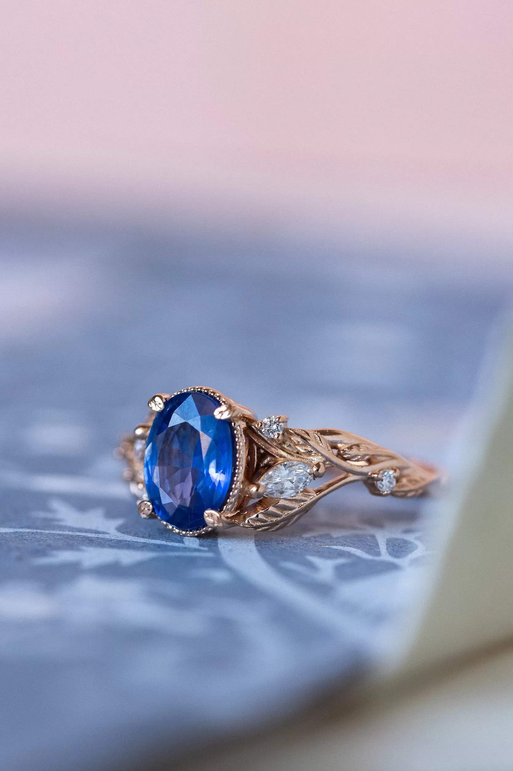 Natural oval blue sapphire engagement ring, gold nature inspired ring with accent diamonds / Patricia