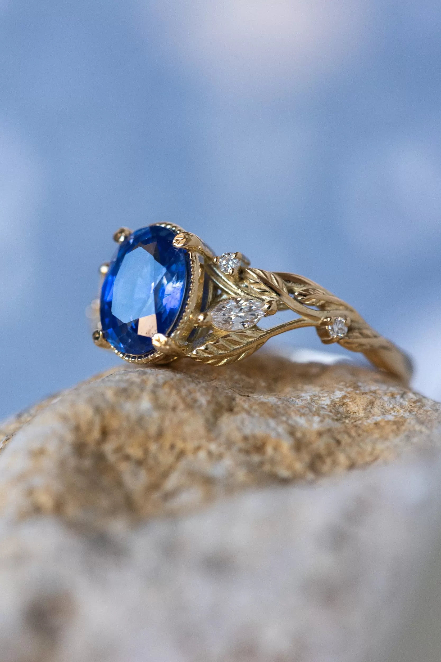 Natural oval blue sapphire engagement ring, gold nature inspired ring with accent diamonds / Patricia