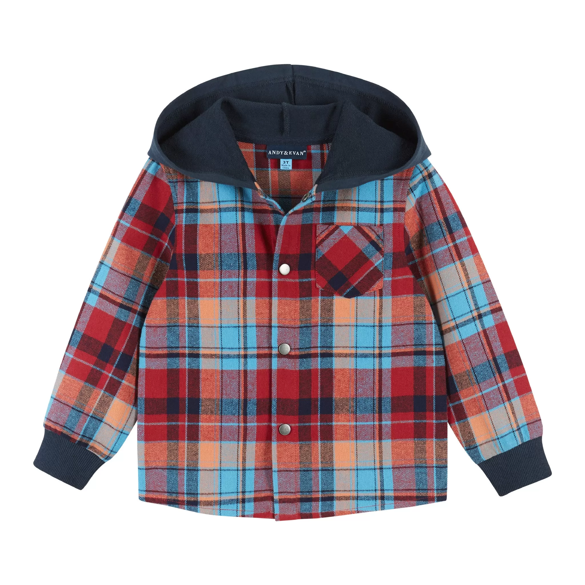 Navy & Red Plaid Hooded Flannel Buttondown Set  | Navy & Red