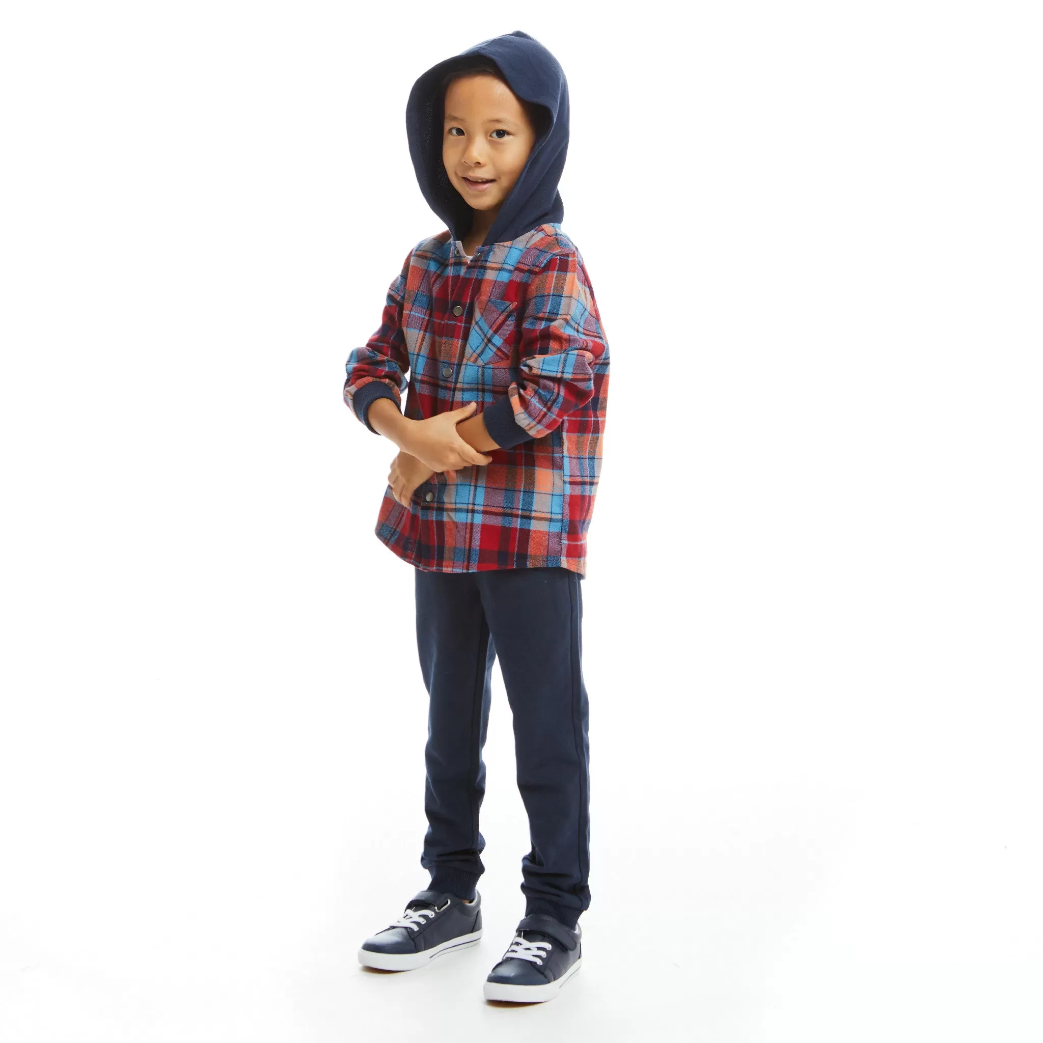 Navy & Red Plaid Hooded Flannel Buttondown Set  | Navy & Red