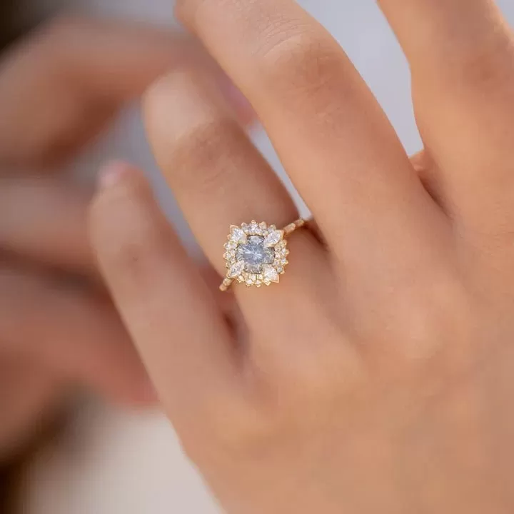 ORDER ONLY: Salt & Pepper Golden Lotus Ring with White Diamond Halo