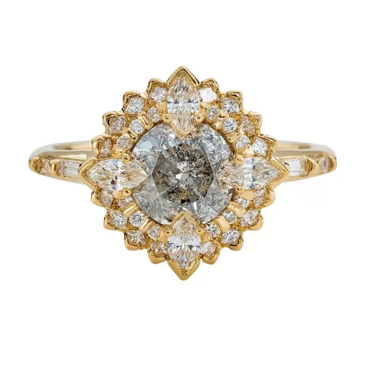 ORDER ONLY: Salt & Pepper Golden Lotus Ring with White Diamond Halo