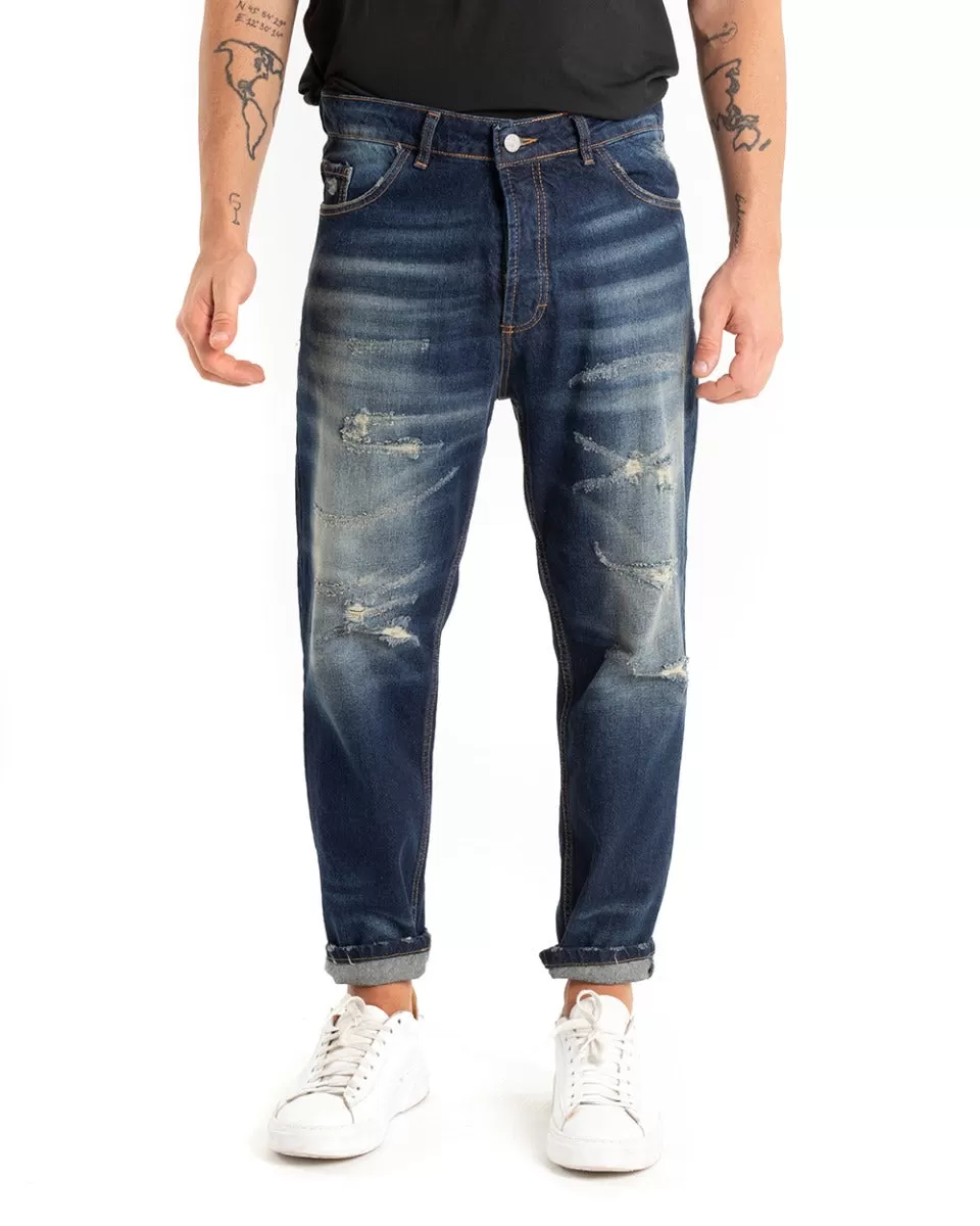 Pantaloni Jeans Uomo Loose Fit Denim Scuro Con Rotture Sabbiato GIOSAL-P5445A