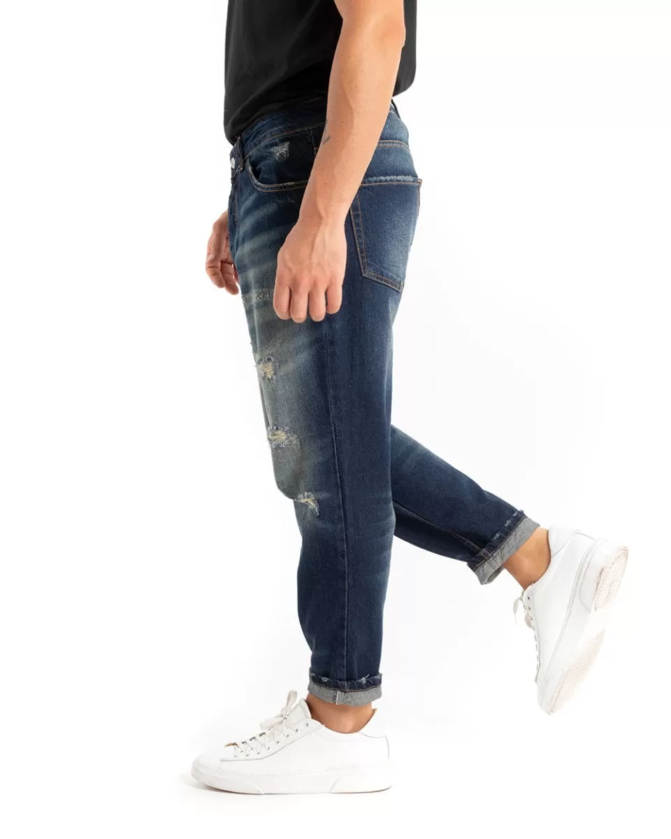 Pantaloni Jeans Uomo Loose Fit Denim Scuro Con Rotture Sabbiato GIOSAL-P5445A