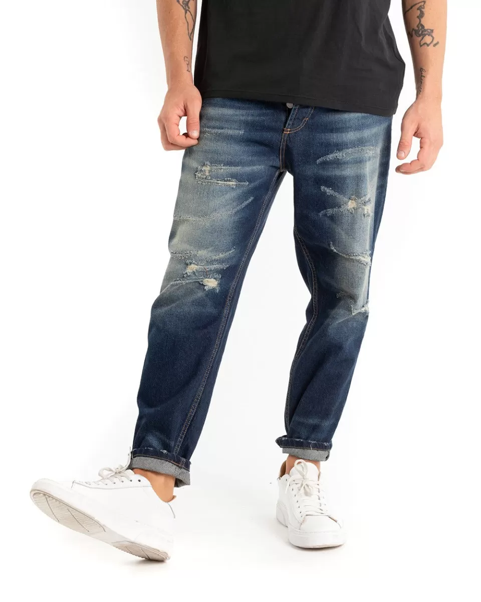 Pantaloni Jeans Uomo Loose Fit Denim Scuro Con Rotture Sabbiato GIOSAL-P5445A