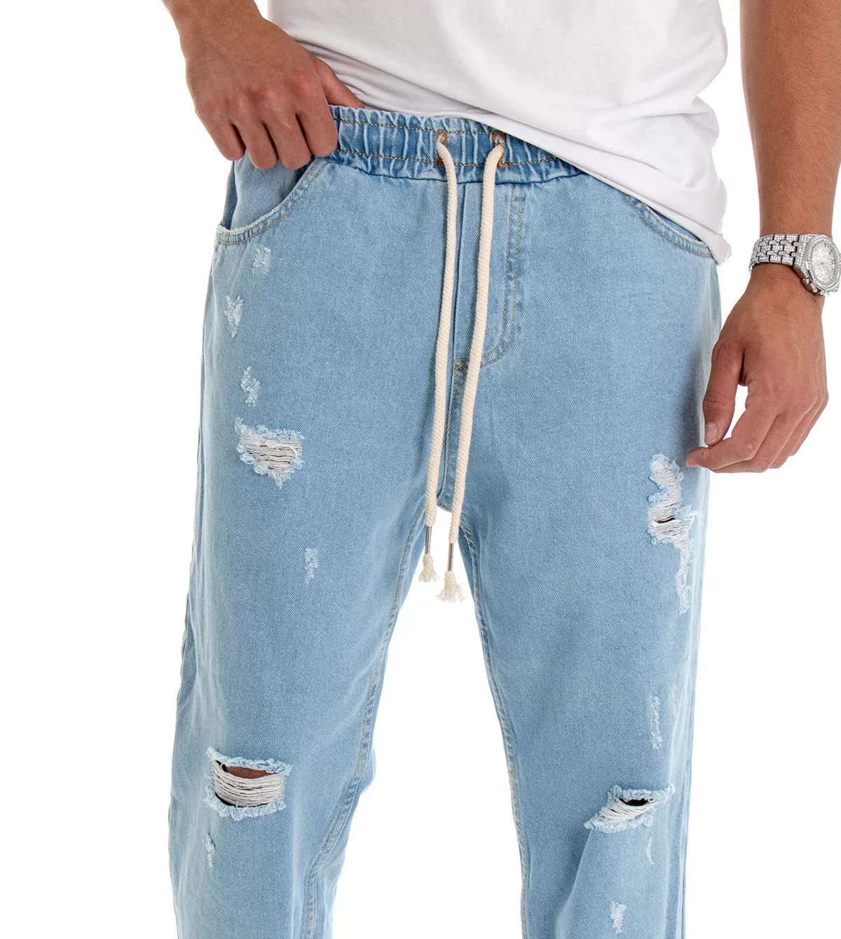 Pantaloni Uomo Jeans Denim Chiaro Rotture Loose Fit CoulissePantalaccio GIOSAL-P3021A