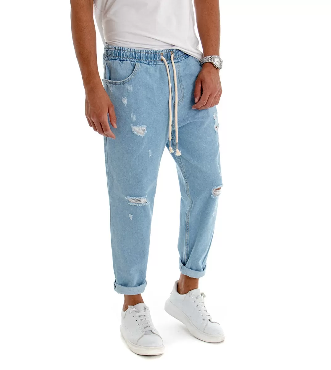 Pantaloni Uomo Jeans Denim Chiaro Rotture Loose Fit CoulissePantalaccio GIOSAL-P3021A