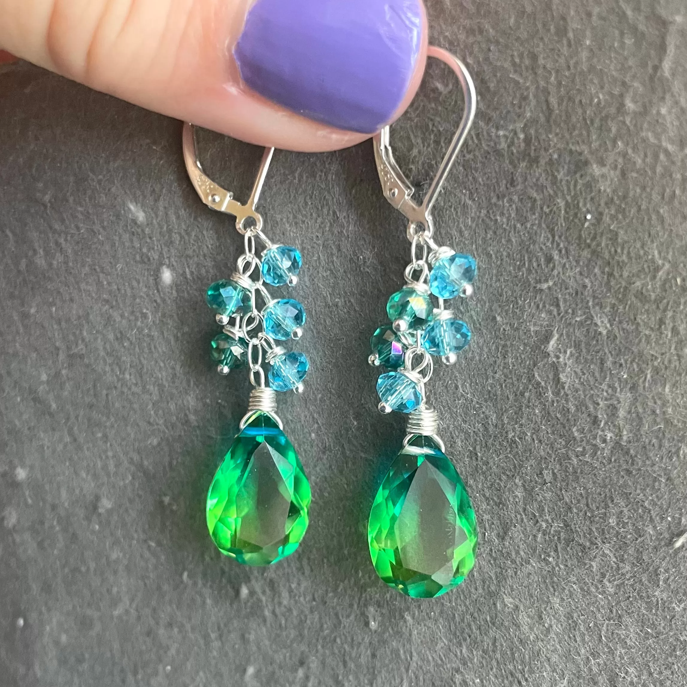 Paraiba to Emerald to Lime Doublet Dangle Earrings