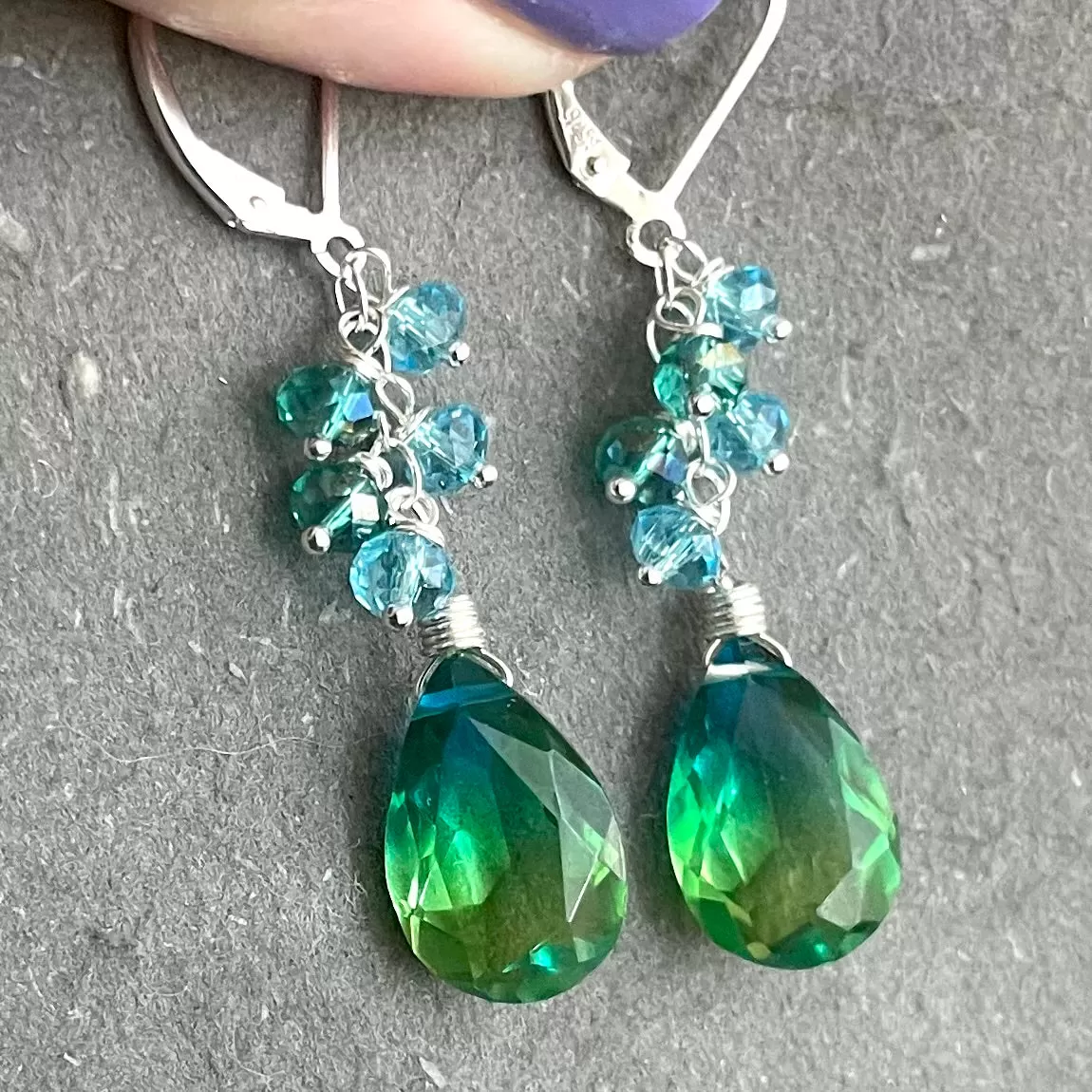 Paraiba to Emerald to Lime Doublet Dangle Earrings