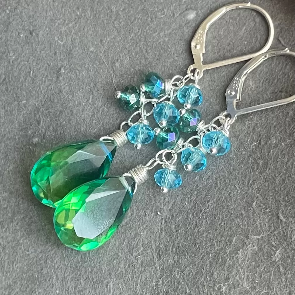 Paraiba to Emerald to Lime Doublet Dangle Earrings