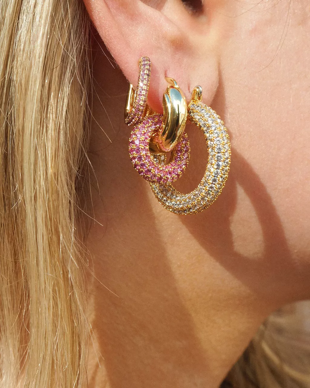 Pave Interlock Hoops- Pink- Gold