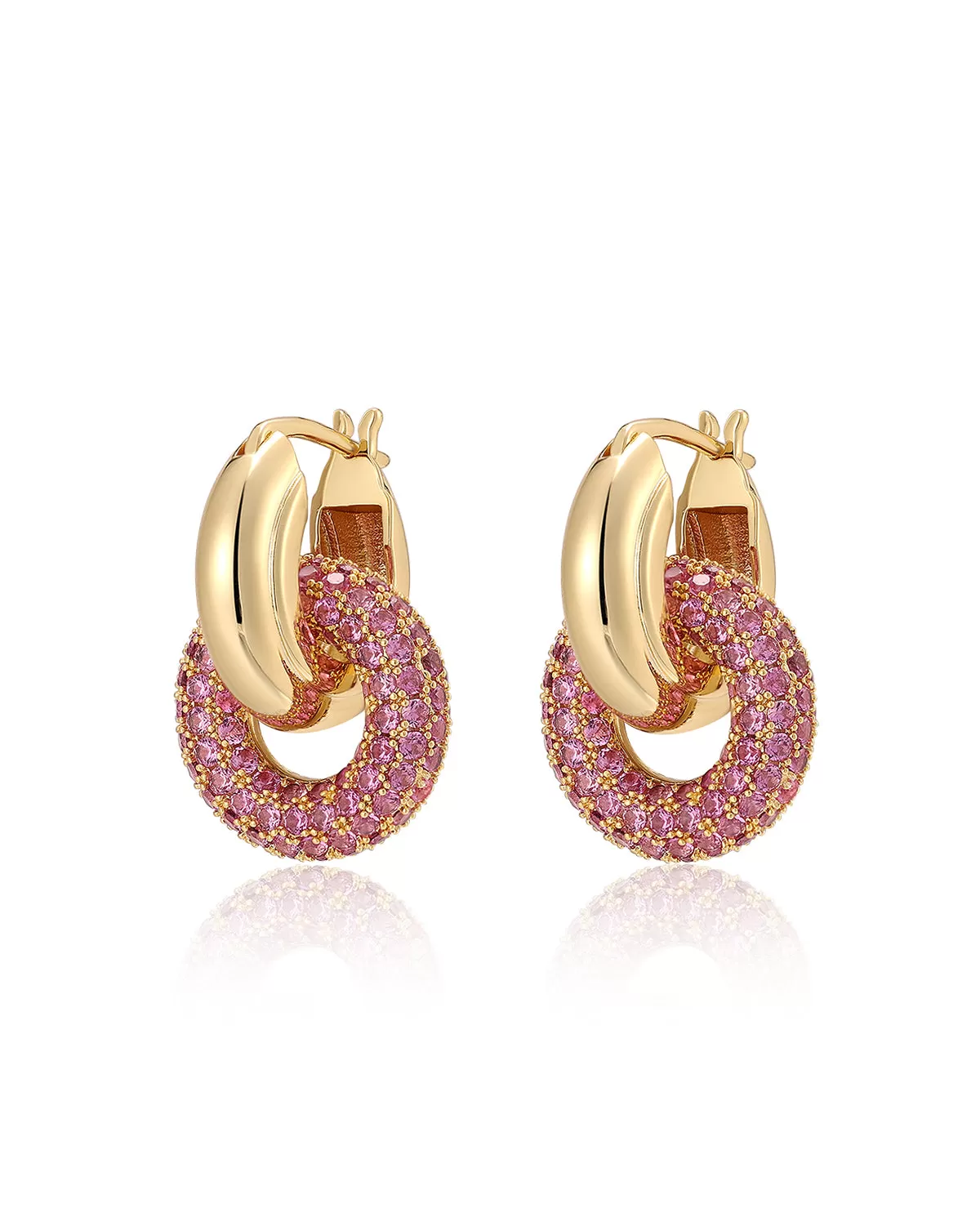 Pave Interlock Hoops- Pink- Gold