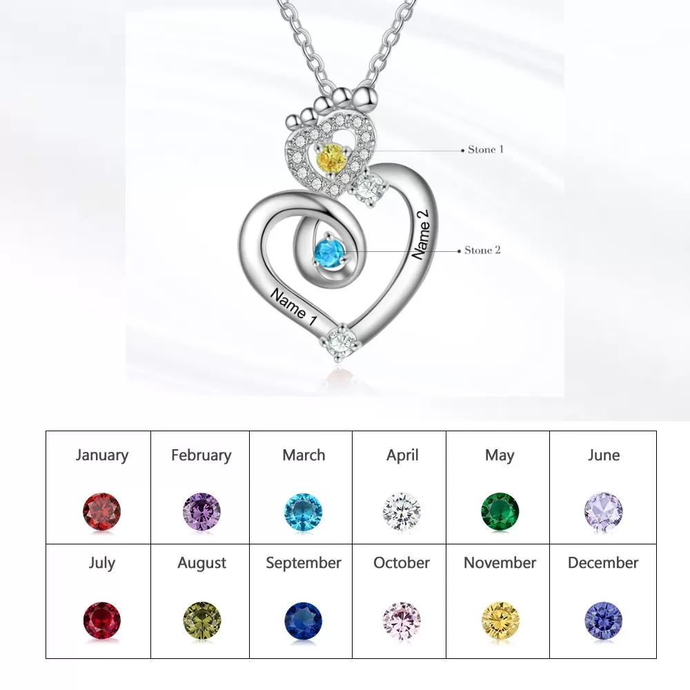 Personalized 2 Names Baby Feet Zircon Heart-Shaped Pendant