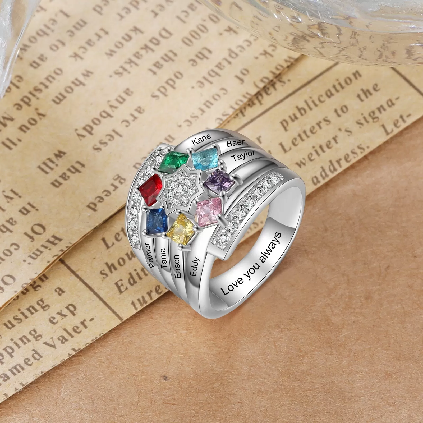 Personalized Mothers Ring with 4 Square Birthstones Zirconia Star Customized Engraving Family Name Rings for Women Gift